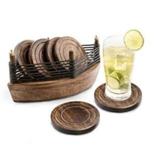 Boat Shape Round Reversible Wood Coaster (Pack of 6)
