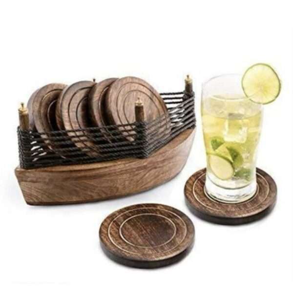 Boat Shape Round Reversible Wood Coaster (Pack of 6)