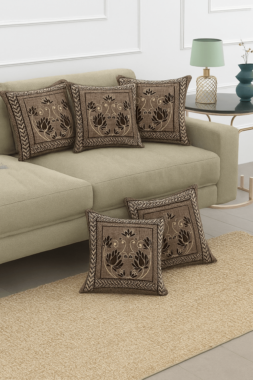 Royal Brown Floral Cotton Cushion Cover 16 X 16